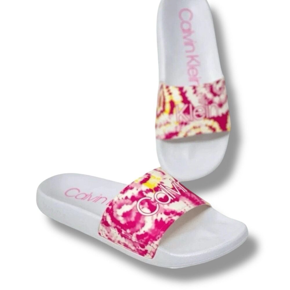 CALVIN KLEIN Sandals Womens 8 Pink Tie Dye Slides Cilla Colorful Resortwear Fun